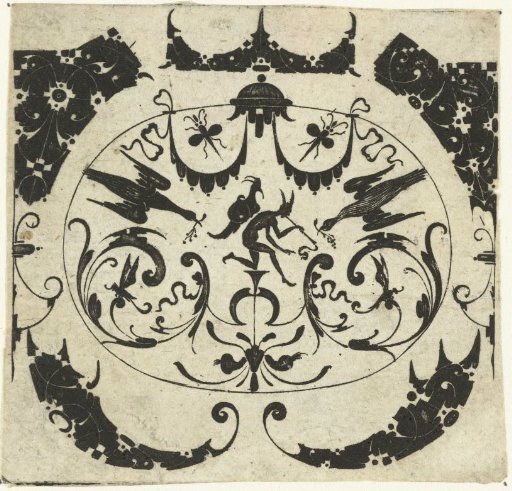 Horizontal oval with figures surrounded by five ornaments
