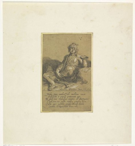 Seated beggar with his leg in a sling