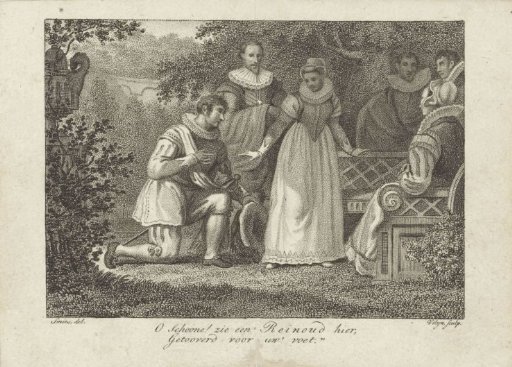 Kneeling man with a woman at a garden bench
