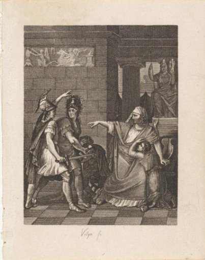 Two men with swords before a woman with a child
