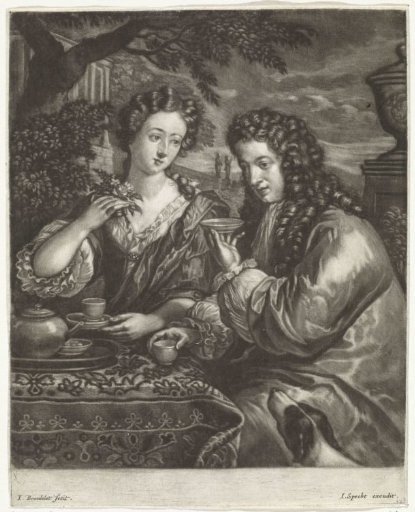 A man and woman drinking coffee or tea in the garden