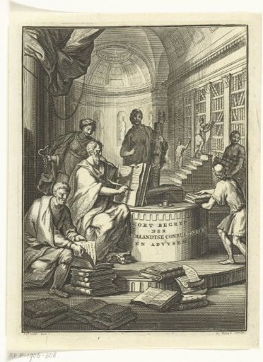 Allegorical representation with personification of Justice and men at work in a library