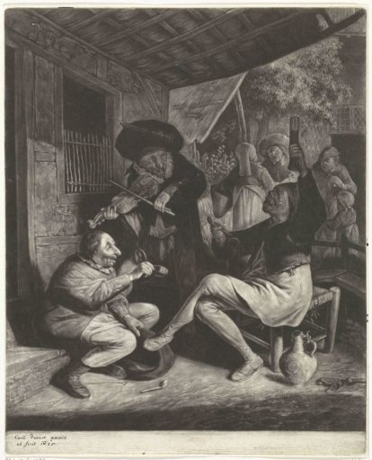 Musicians and a man offering tobacco