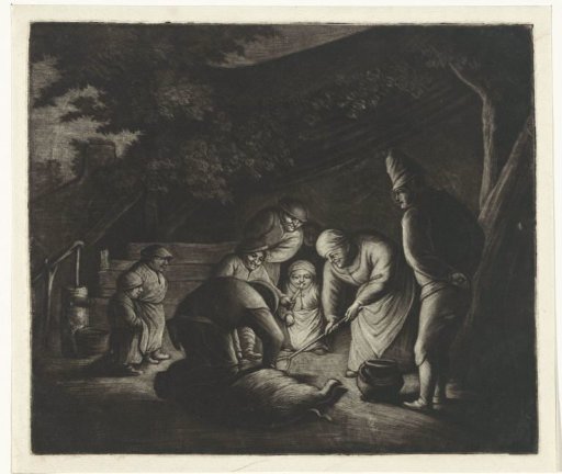 Peasant family during the slaughter of a pig