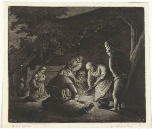 Peasant family during the slaughter of a pig