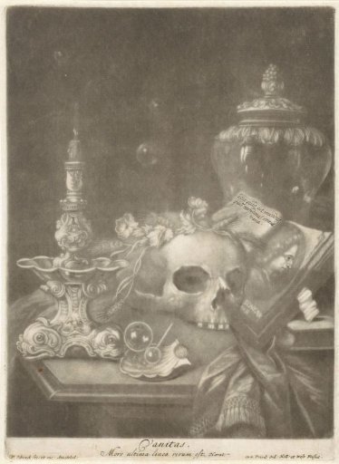 Vanitas Still Life with a Flower-Crowned Skull