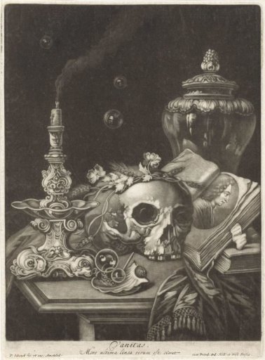 Vanitas Still Life with a Flower-Crowned Skull