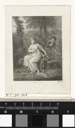 Woman by the water's edge and a boy with a letter