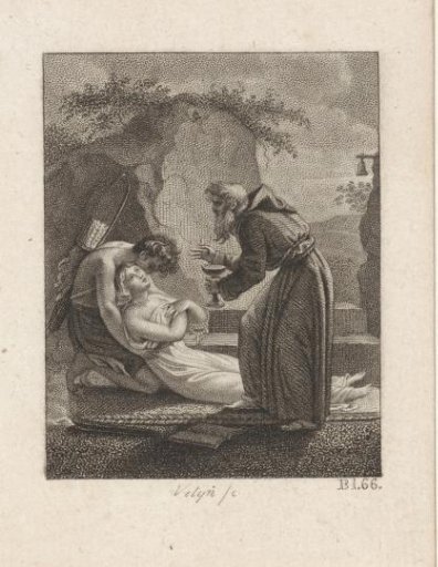 Man with arrow and bow with a sick woman at a hermit