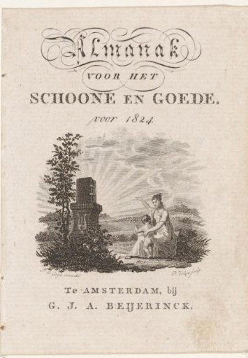 Mother with child beside a Bible on a pillar in a landscape
