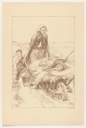 Woman pushing a wheelbarrow with hay and two children