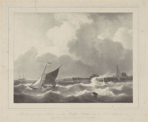 Sailing boat on high waves near a harbour