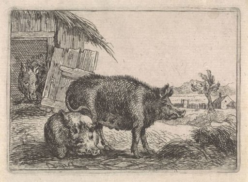 Three pigs near a stable