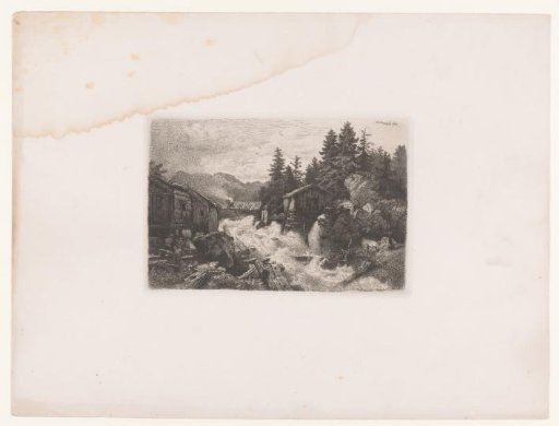 Forest Landscape with a Waterfall and Wooden Houses