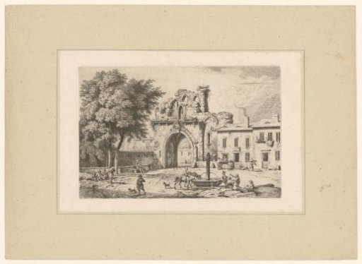 Landscape with figures and the ruin of a city gate