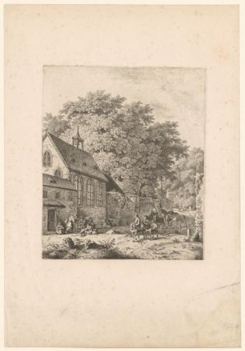Landscape with a church and path with travellers