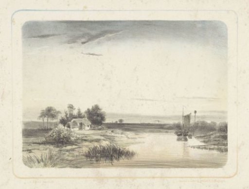 River landscape with house and sailing boat