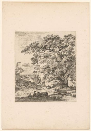 Rocky landscape with resting travellers by a stream