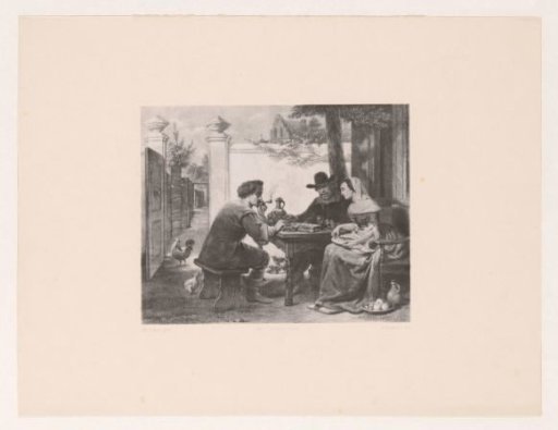 Men Smoking Pipes and Woman at Table