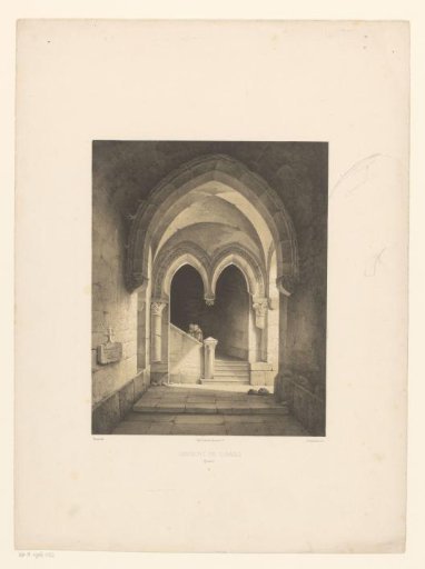 Interior of a monastery with two monks in the background