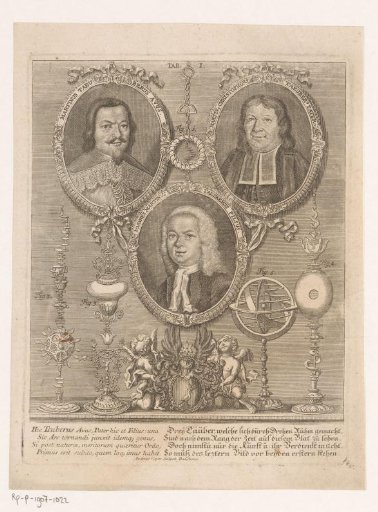 Three portraits of the Tauber brothers, hanging above four examples of their goldsmith work