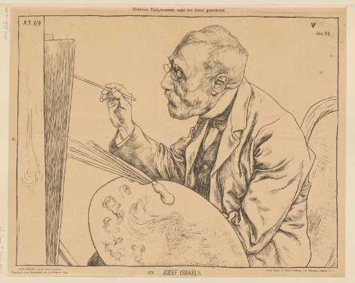 Portrait of Jozef Israëls at the age of 69 holding a palette