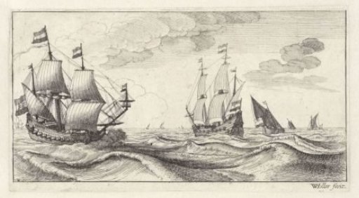 Two warships with sails hoisted
