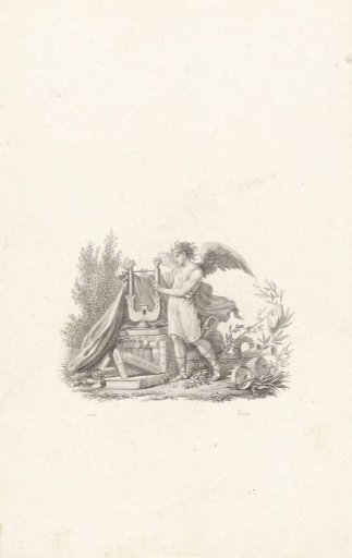 Angel with a lyre by books in a landscape