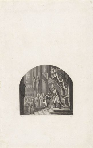 Man kneeling before a king in a church
