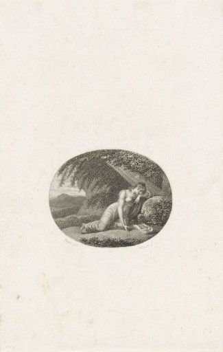 Kneeling woman with a lyre in a landscape