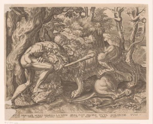Hercules holds the Nemean lion in a stranglehold
