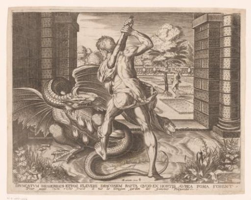 Hercules kills Ladon and plucks the golden apples of the Hesperides