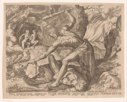 Hercules subdues Cerberus