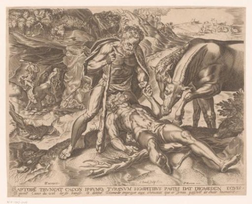 Hercules leads the corpse of Diomedes to the horses