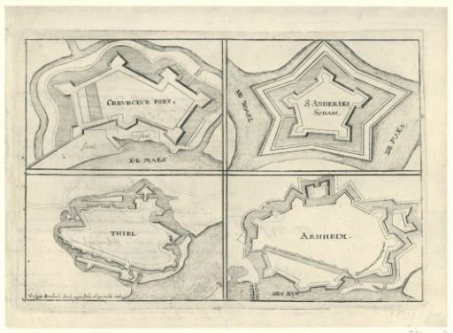 Sheet with the fortresses of Crèvecoeur, Sint Andries, Tiel, and Arnhem, captured by the French or Münsterites in 1672