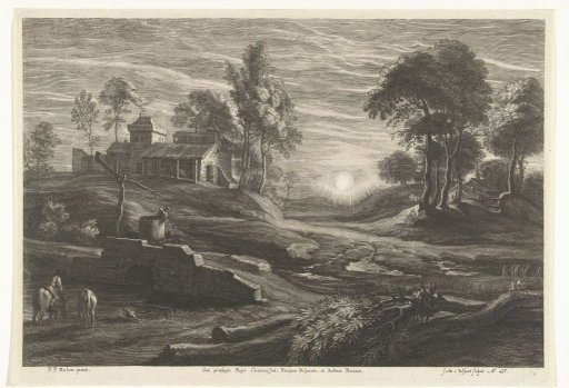 Landscape with water well and sun