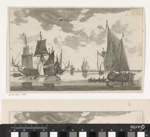Sailing ships and skiffs on calm sea