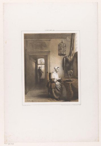 Interior with a woman making a garland