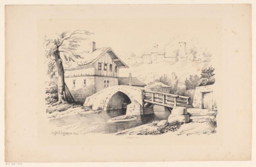 Bridge and house in a hilly landscape
