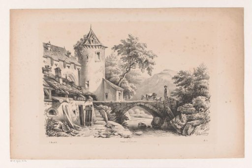 Houses and bridge in a mountain landscape