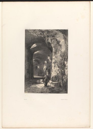 Ruin of a cloister walk with a monk