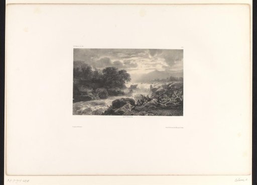 Mountain landscape with trees, a stream and sun breaking through