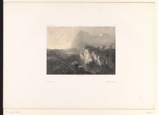 Mountain landscape with a gorge and sun breaking through