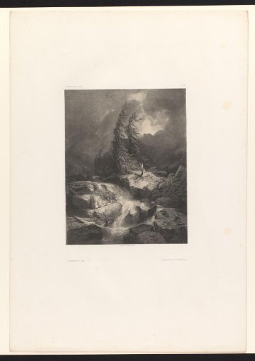 Mountain landscape with conifers, a stream and rain clouds