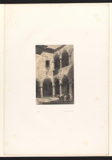 Two figures with a donkey on a courtyard