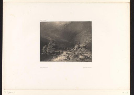 Mountain landscape with a stream and a stormy sky