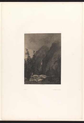 Mountain landscape with trees and a waterfall