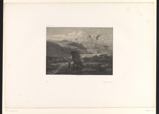 Two figures by a rock in a mountain landscape