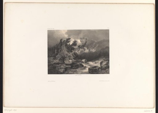 Mountain landscape with trees, rocks and a stream