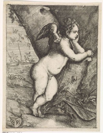 Amor Pondering by a Tree Trunk